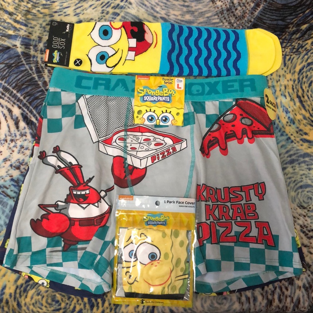 SPONGEBOB SQUAREPANTS TWO PACK OF BOXER BRIEFS, SPONGEBOB ODD SOX, SB FACE MASK